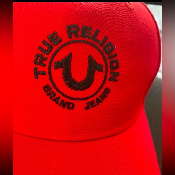 True Religion Men's Snapback Baseball Cap Hat Circle Embroidered Logo Red Black - Picture 7 of 7